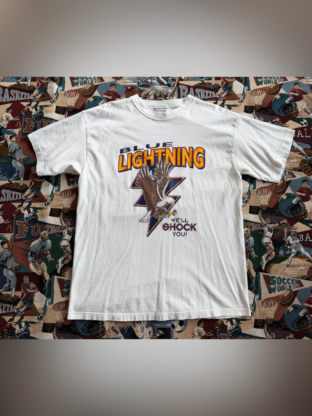 Vintage 90s Men’s Gear For Sports Blue Lightning Auctioneers Eagle White T-shirt